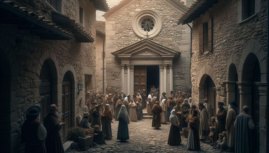 italian village church 1850 with people outside after mass historical scene